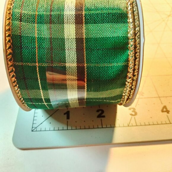 Green Plaid Ribbon Wire Edge 4 Yards Decorative Christmas Craft - Picture 3 of 6
